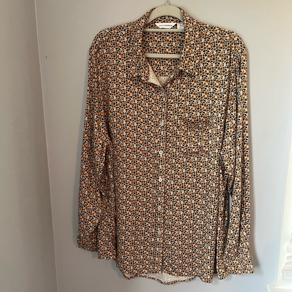 Universal,Autumn Leaf Print, Button Down Shirt multi color Size 2XL long sleeve